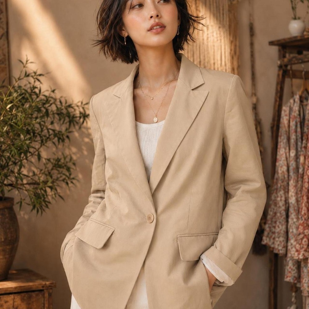 Tan Single Button Notched Lapel Blazer Jacket Beige Lightweight Lined Coat